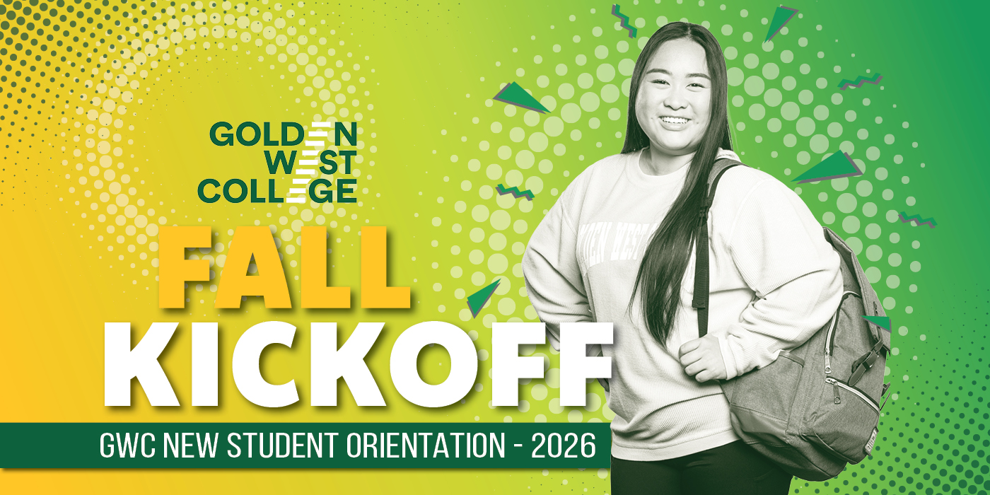 Promotional graphic for Golden West College Fall Kickoff, showing a smiling student with a backpack on a green-and-yellow halftone background.