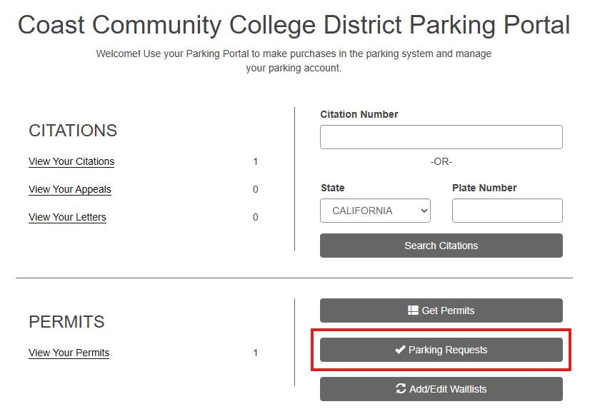 Screenshot of the Coast Community College District Parking Portal showing citations search fields and permit options, with the “Parking Requests” button highlighted.
