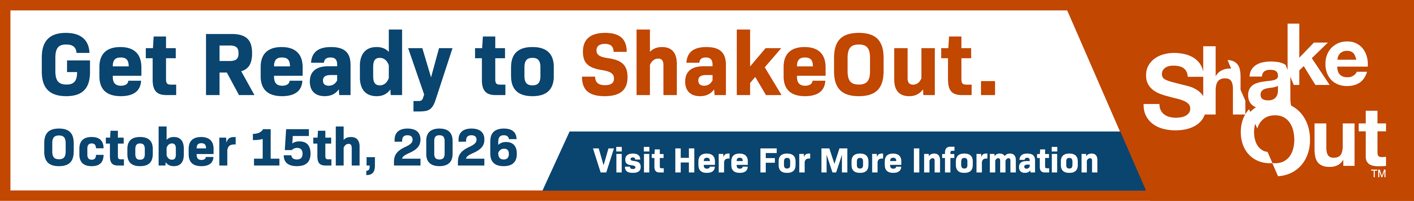 Banner promoting the ShakeOut event scheduled for October 15th, 2026, with a call to action for more information.